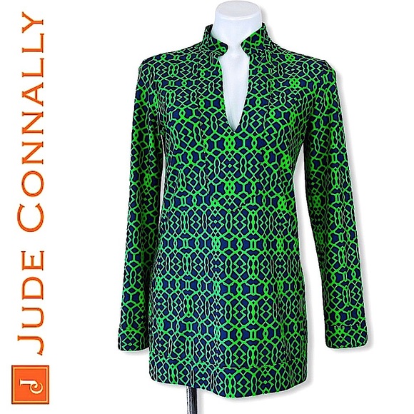 Jude Connally Tops - Jude Connally Ruthie Lattice Green Geometric Split Neck Long Sleeve Tunic Top S